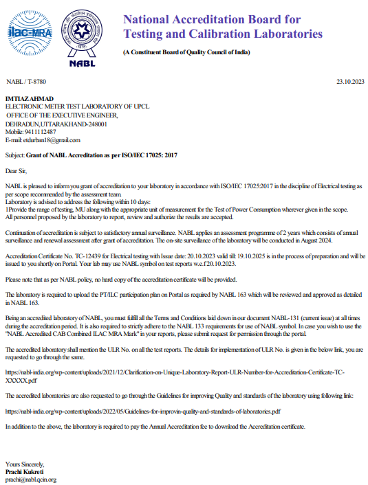 Grant of NABL Accrediation Oct