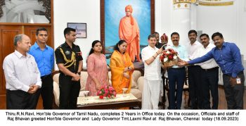Thiru.R.N.Ravi, Hon'ble Governor of Tamil Nadu, completes 2 Years in Office today. On the occasion, Officials and staff of Raj Bhavan greeted Hon'ble Governor -18.09.2023