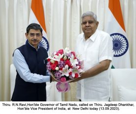 Thiru. R.N.Ravi,Hon'ble Governor of Tamil Nadu, called on Thiru. Jagdeep Dhankhar, Hon'ble Vice President of India, at New Delhi on 13.09.2023.