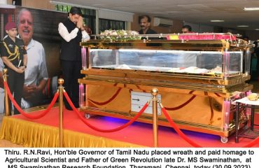 Hon'ble Governor of Tamil Nadu paid homage to Agricultural Scientist and Father of Green Revolution late Dr. MS Swaminathan -30.09.2023