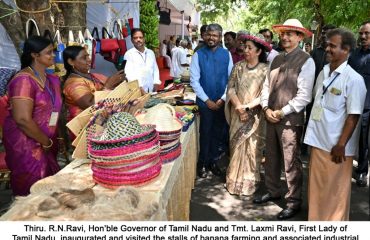 Hon'ble Governor of Tamil Nadu inaugurated and visited the stalls of banana farming and associated industrial products organized by the Indian Council of Agriculture Research and ICAR-National Research, Centre for Banana (ICAR-NRCB), Tiruchirappalli, at Raj Bhavan, Chennai - 02.10.2023.