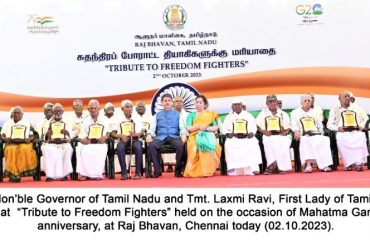 Hon’ble Governor of Tamil Nadu, felicitated freedom fighters at “Tribute to Freedom Fighters” held on the occasion of Mahatma Gandhi’s 155th birth anniversary,at Raj Bhavan ,Chennai