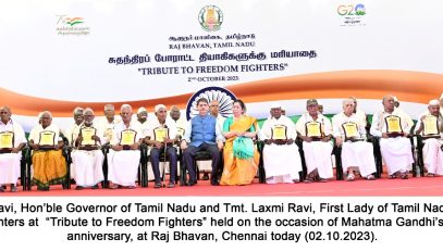 Hon’ble Governor of Tamil Nadu, felicitated freedom fighters at “Tribute to Freedom Fighters” held on the occasion of Mahatma Gandhi’s 155th birth anniversary,at Raj Bhavan ,Chennai