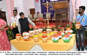 Thiru. R. N. Ravi, Hon’ble Governor of Tamil Nadu, witnessed the kalashes with soil from various parts of Tamil Nadu for ‘Mera Maati Mera Desh’ - Amrit Kalash Yatra campaign, at Raj Bhavan, Chennai on 26.10.2023