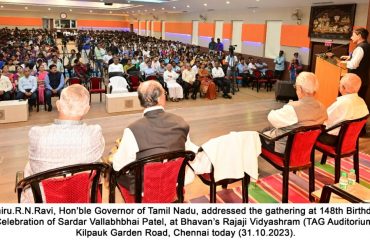 Thiru.R.N.Ravi, Hon’ble Governor of Tamil Nadu, addressed the gathering at 148th Birthday Celebration of Sardar Vallabhbhai Patel, at Bhavan’s Rajaji Vidyashram (TAG Auditorium), Kilpauk Garden Road, Chennai on 31.10.2023