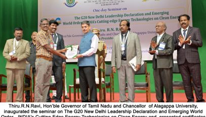 Hon’ble Governor of Tamil Nadu and Chancellor of Alagappa University, inaugurated the seminar on The G20 New Delhi Leadership Declaration and Emerging World Order - INDIA's Cutting-Edge Energy Technologies on clean energy - 03.11.2023