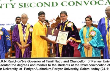 Hon’ble Governor of Tamil Nadu and Chancellor of Periyar University, presented the degrees and medals to the students at the 22nd convocation of the Periyar University, at Periyar Auditorium, Periyar University, Salem - 24.11.2023