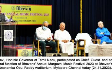 Hon’ble Governor of Tamil Nadu, presented the Bhavan’s Award to Musicians at Bhavan’s Pottipati Gnanamba Obul Reddy Auditorium, Mylapore, Chennai on 24.11.2023