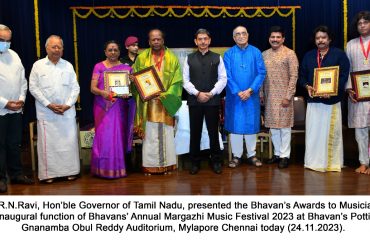 Hon’ble Governor of Tamil Nadu, presented the Bhavan’s Award to Musicians at Bhavan’s Pottipati Gnanamba Obul Reddy Auditorium, Mylapore, Chennai - 24.11.2023