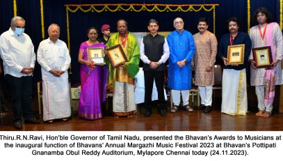 Hon’ble Governor of Tamil Nadu, presented the Bhavan’s Award to Musicians at Bhavan’s Pottipati Gnanamba Obul Reddy Auditorium, Mylapore, Chennai - 24.11.2023