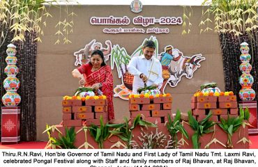 Thiru.R.N.Ravi, Hon’ble Governor of Tamil Nadu and First Lady of Tamil Nadu Tmt. Laxmi Ravi, celebrated Pongal Festival along with Staff and family members of Raj Bhavan, at Raj Bhavan, Chennai - 14.01.2024