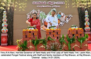 Thiru.R.N.Ravi, Hon’ble Governor of Tamil Nadu and First Lady of Tamil Nadu Tmt. Laxmi Ravi, celebrated Pongal Festival along with Staff and family members of Raj Bhavan, at Raj Bhavan, Chennai - 14.01.2024