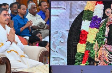 Thiru.R.N.Ravi, Hon’ble Governor of Tamil Nadu accompanied with the First Lady, Tmt. Laxmi Ravi along with the Raj Bhavan family participated in Pran Pratishtha ceremony of Prabhu Sri Ram at Ayodhya (live stream programme) organized at Bharathiar Mandapam, Raj Bhavan, Chennai - 22.01.2024