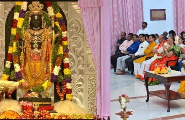 Thiru.R.N.Ravi, Hon’ble Governor of Tamil Nadu accompanied with the First Lady, Tmt. Laxmi Ravi along with the Raj Bhavan family participated in Pran Pratishtha ceremony of Prabhu Sri Ram at Ayodhya (live stream programme) organized at Bharathiar Mandapam, Raj Bhavan, Chennai - 22.01.2024
