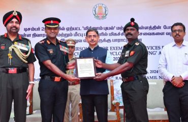 Hon’ble Governor of Tamil Nadu, honored the Madras Regimental Centre, 12th Battalion of Madras Regiment and 23rd Battalion of Maratha Lights Infantry with Unit Citations for their exceptional contributions and selfless services during the rescue and relief operations in the wake of cyclone michaung and heavy rain in Tamil Nadu, at Raj Bhavan, Chennai - 06.03.2024