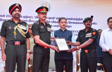 Hon’ble Governor of Tamil Nadu, honored the Madras Regimental Centre, 12th Battalion of Madras Regiment and 23rd Battalion of Maratha Lights Infantry with Unit Citations for their exceptional contributions and selfless services during the rescue and relief operations in the wake of cyclone michaung and heavy rain in Tamil Nadu, at Raj Bhavan, Chennai - 06.03.2024