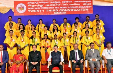 Thiru.R.N.Ravi, Hon’ble Governor of Tamil Nadu and Chancellor of Tamil Nadu Veterinary and Animal Sciences University awarded degrees and medals to 1166 students during the 23rd Convocation of Tamil Nadu Veterinary and Animal Sciences University, at Madras Veterinary College campus, Vepery, Chennai (13.03.2024). Dr. Raghavendra Bhatta, Deputy Director General (Animal Science), Indian Council of Agricultural Research (ICAR) delivered an inspiring and thought-provoking convocation speech.