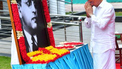 Thiru.R.N.Ravi, Hon’ble Governor of Tamil Nadu paid floral tributes to the portrait of Bharat Ratna Dr. B.R. Ambedkar on his birth anniversary at Dr. B.R. Ambedkar statue , Raj Bhavan, Chennai - 14.04.2024.