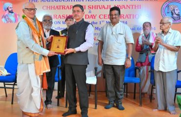 Thiru.R.N.Ravi, Hon'ble Governor of Tamil Nadu participated as Chief Guest in a function celebrating Chhatrapathi Shivaji Jayanthi and Maharashtra State Foundation Day and felicitated senior Maharashtrian Dr. R.Vasudevan with Great Maratha Award for his service to the society at Sanskrit College Campus, Mylapore, Chennai on 01.05.2024. Thiru. Sivaji Rajah Bhonsle, Prince of Thanjavur & Thiru. Abhaji Rajah Bhonsle, Prince of Thanjavur and other dignitaries were present in the function.
