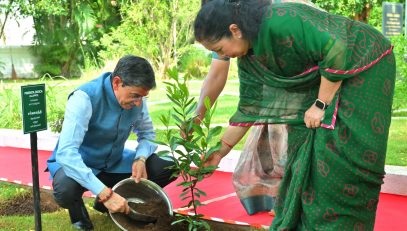 Thiru.R.N Ravi, Hon'ble Governor of Tamil Nadu and First Lady of the State Tmt. Laxmi Ravi along with Raj Bhavan family planted herbal plant saplings on the occasion of World Environment Day, at Raj Bhavan, Chennai - 05.06.2024.