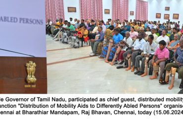 Hon'ble Governor of Tamil Nadu, participated as chief guest and distributed mobility aids and addressed the gathering at the function “Distribution of Mobility Aids to Differently Abled People“ organised by Freedom Trust, Chennai at Bharathiar Mandapam, Raj Bhavan, Chennai - 15.06.2024