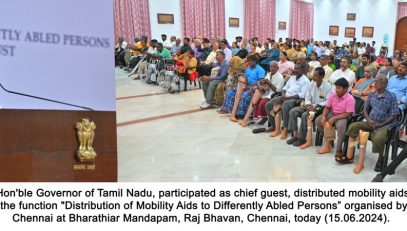 Hon'ble Governor of Tamil Nadu, participated as chief guest and distributed mobility aids and addressed the gathering at the function “Distribution of Mobility Aids to Differently Abled People“ organised by Freedom Trust, Chennai at Bharathiar Mandapam, Raj Bhavan, Chennai - 15.06.2024
