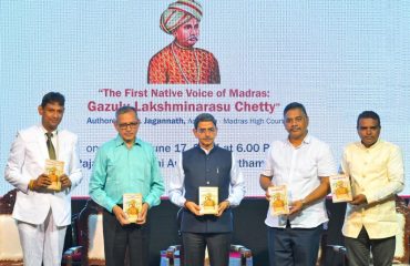 Thiru R.N. Ravi, Hon'ble Governor of Tamil Nadu, participated as Chief Guest and unveiled the portrait of Gazulu Lakshminarasu Chetty at the book release function of 'The First Native Voice of Madras: Gazulu Lakshminarasu Chetty,' authored by Thiru B. Jagannath, Advocate, High Court of Madras, in Chennai on 17.06.2024, where the first copy of the book was received by Hon'ble Chief Justice of Meghalaya High Court, Thiru Justice B. Jagannath.