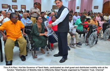 Hon'ble Governor of Tamil Nadu, participated as chief guest and distributed mobility aids at the function “Distribution of Mobility Aids to Differently Abled People organised by Freedom Trust, Chennai“ at Bharathiar Mandapam, Raj Bhavan, Chennai - 15.06.2024