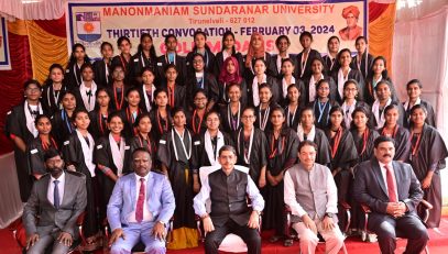 Thiru.R.N Ravi, Hon'ble Governor of Tamil Nadu and Chancellor of Manonmaniam Sundaranar University, presented degrees and medals to students at the 30-th convocation of the Manonmaniam Sundaranar University, held at V.O.Chidambaranar Auditorium, Manonmaniam Sundaranar University, Tirunelveli - 03.02.2024.