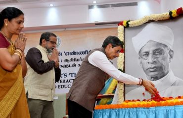 Thiru.R.N.Ravi, Hon’ble Governor of Tamil Nadu, paid floral tribute to the Portrait of Former President Dr.S.Radhakrishnan, on his birth anniversary (Teacher’s day), at Governor’s ‘Think To Dare’ Series 16 : a live interaction programme, held at Raj Bhavan, Chennai - 05.09.2024.