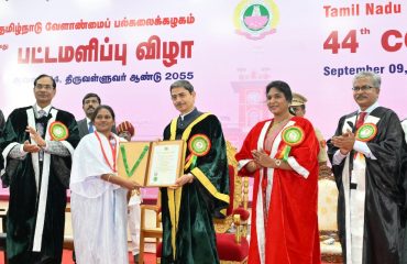 Thiru.R.N.Ravi, Hon’ble Governor of Tamil Nadu and Chancellor of Tamil Nadu Agricultural University presented the degrees and medals to students at the 44th Convocation of Tamil Nadu Agricultural University at University Convocation Hall, Tamil Nadu Agricultural University, Coimbatore - 09.09.2024. Thiru. Trilochan Mohapatra, Chairperson, Protection of Plant Varieties and Farmers Rights Authority, Government of India and Former Director General, Indian Council of Agricultural Research, participated as Chief Guest and delivered convocation address.