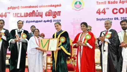 Thiru.R.N.Ravi, Hon’ble Governor of Tamil Nadu and Chancellor of Tamil Nadu Agricultural University presented the degrees and medals to students at the 44th Convocation of Tamil Nadu Agricultural University at University Convocation Hall, Tamil Nadu Agricultural University, Coimbatore - 09.09.2024. Thiru. Trilochan Mohapatra, Chairperson, Protection of Plant Varieties and Farmers Rights Authority, Government of India and Former Director General, Indian Council of Agricultural Research, participated as Chief Guest and delivered convocation address.