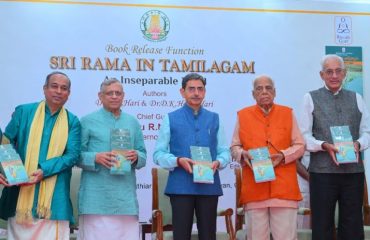 Thiru. R.N.Ravi, Hon'ble Governor of Tamil Nadu released the Book 'Sri Rama in Tamilagam - An inseparable bond' authored by Dr. D.K.Hari and Dr. D.K.Hema Hari, the first copy of the book received by Dr. H.V.Hande, Former Minister for Health, Tamil Nadu and Thiru. S.Gurumurthy, Editor, Thuglak Magazine in a function organised at Bharathiar Mandapam, Raj Bhavan, Chennai - 14.09.2024.