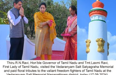 Thiru.R.N.Ravi, Hon’ble Governor of Tamil Nadu and Tmt.Laxmi Ravi, First Lady of Tamil Nadu, visited the Vedaranyam Salt Satyagraha Memorial and paid floral tributes to the valiant freedom fighters of Tamil Nadu at the Vedaranyam Salt Memorial Nagapattinam district - 17.09.2024