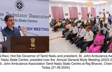 Thiru. R.N.Ravi, Hon’ble Governor of Tamil Nadu and president, St. John Ambulance Association, Tamil Nadu State Centre, presided over the Annual General Body Meeting (2023-2024 ) of St. John Ambulance Association Tamil Nadu State Centre at Raj Bhavan, Chennai - 21.09.2024.
