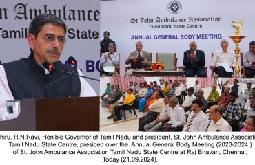 Thiru. R.N.Ravi, Hon’ble Governor of Tamil Nadu and president, St. John Ambulance Association, Tamil Nadu State Centre, presided over the Annual General Body Meeting (2023-2024 ) of St. John Ambulance Association Tamil Nadu State Centre at Raj Bhavan, Chennai - 21.09.2024.