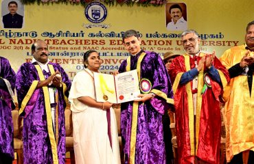 Thiru. R.N. Ravi Hon’ble Governor of Tamil Nadu and Chancellor of the Tamil Nadu Teachers Education University, presented the degrees and medals to students at the 11th convocation of the Tamil Nadu Teachers Education University, at Convocation Hall, Tamil Nadu Open University Campus, Chennai on 01.10.2024. Dr.Govi.Chezhiaan, Hon’ble Minister for Higher Education, Government of Tamil Nadu, Prof.Pankaj Arora, Chair Person, National Council for Teachers Education and other dignitaries were present.