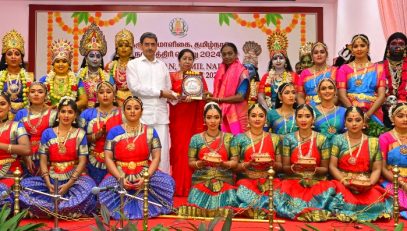 Thiru.R.N.Ravi, Hon'ble Governor of Tamil Nadu and Tmt.Laxmi Ravi, First Lady of Tamil Nadu, felicitated the students of Bridge Academy for their Bharatanatyam performance on Nava Durga by on the third day of Golu,at Raj Bhavan, Chennai on 05.10.2024. Kum. Bharathi Kamakoti was also felicitated by Hon'ble Governor for her Devotional songs performance.