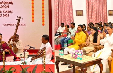 Thiru.R.N.Ravi, Hon’ble Governor of Tamil Nadu and Tmt.Laxmi Ravi, First Lady of Tamil Nadu, witnessed the “Amma Anandadaayini” a musical offering on Godess Durga by Kalaimamani S. J. Jananiy & Team on the sixth day of Golu, at Raj Bhavan, Chennai on 08.10.2024. Songs on Navarathiri by PSNA Emphatic Fine Arts also attracted the audience and students from Velammal Bodhi Campus, Kolapakkam.