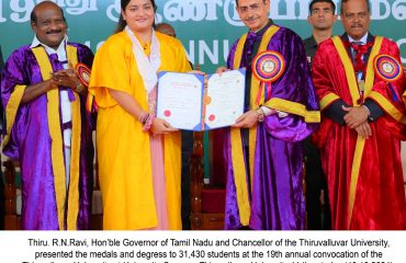 Thiru. R.N.Ravi, Hon'ble Governor of Tamil Nadu and Chancellor of the Thiruvalluvar University, presented the medals and degress to 31,430 students at the 19th annual convocation of the Thiruvalluvar University at University Campus, Thiruvalluvar University, Vellore - 13.10.2024. Dr. Govi. Chezhiaan, Hon'ble Minister for Higher Education, Government of Tamil Nadu, Prof. Dr. Tusar Kanti Behera, Director, ICAR- Indian Institute of Horticultural Research, Bengaluru and other dignitaries were present.
