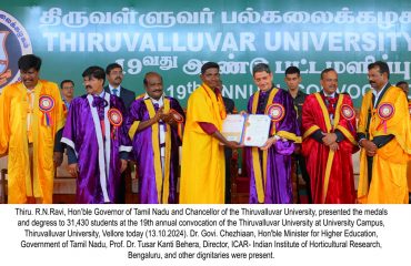 Thiru. R.N.Ravi, Hon'ble Governor of Tamil Nadu and Chancellor of the Thiruvalluvar University, presented the medals and degress to 31,430 students at the 19th annual convocation of the Thiruvalluvar University at University Campus, Thiruvalluvar University, Vellore - 13.10.2024. Dr. Govi. Chezhiaan, Hon'ble Minister for Higher Education, Government of Tamil Nadu, Prof. Dr. Tusar Kanti Behera, Director, ICAR- Indian Institute of Horticultural Research, Bengaluru and other dignitaries were present.