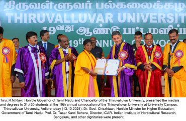 Thiru. R.N.Ravi, Hon'ble Governor of Tamil Nadu and Chancellor of the Thiruvalluvar University, presented the medals and degress to 31,430 students at the 19th annual convocation of the Thiruvalluvar University at University Campus, Thiruvalluvar University, Vellore - 13.10.2024. Dr. Govi. Chezhiaan, Hon'ble Minister for Higher Education, Government of Tamil Nadu, Prof. Dr. Tusar Kanti Behera, Director, ICAR- Indian Institute of Horticultural Research, Bengaluru and other dignitaries were present.