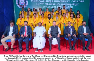 Thiru. R.N.Ravi, Hon'ble Governor of Tamil Nadu and Chancellor of the Thiruvalluvar University, presented the medals and degress to 31,430 students at the 19th annual convocation of the Thiruvalluvar University at University Campus, Thiruvalluvar University, Vellore - 13.10.2024. Dr. Govi. Chezhiaan, Hon'ble Minister for Higher Education, Government of Tamil Nadu, Prof. Dr. Tusar Kanti Behera, Director, ICAR- Indian Institute of Horticultural Research, Bengaluru and other dignitaries were present.