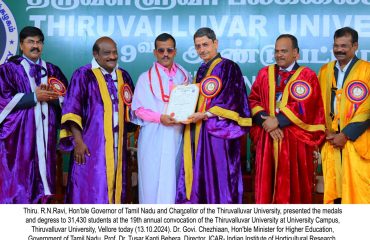 Thiru. R.N.Ravi, Hon'ble Governor of Tamil Nadu and Chancellor of the Thiruvalluvar University, presented the medals and degress to 31,430 students at the 19th annual convocation of the Thiruvalluvar University at University Campus, Thiruvalluvar University, Vellore - 13.10.2024. Dr. Govi. Chezhiaan, Hon'ble Minister for Higher Education, Government of Tamil Nadu, Prof. Dr. Tusar Kanti Behera, Director, ICAR- Indian Institute of Horticultural Research, Bengaluru and other dignitaries were present.