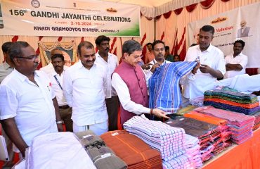 Thiru. R.N.Ravi, Hon'ble Governor of Tamil Nadu, inaugurated the Gandhi Jayanthi - Deepavali Khadi Rebate Sales and visited the Khadi products stall at Gandhi Mandapam, Guindy, Chennai - 02.10.2024. Dr.L.Murugan, Hon'ble Minister of State for Ministry of Information & Broadcasting and Ministry of Parliamentary Affairs Government of India and other dignitaries were present.
