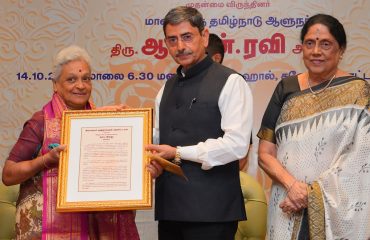 Thiru. R.N. Ravi, Hon'ble Governor of Tamil Nadu, participated as chief guest and presented the 'SURYA' award to Tmt. Ambai at the Surya and Akshara Awards Ceremony – 2024 organised by Sivasankari Chandrasekaran Charities, Chennai at Savera Hotel, Chennai - 14.10.2024