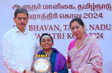 Thiru.R.N.Ravi, Hon'ble Governor of Tamil Nadu and Tmt.Laxmi Ravi, First Lady of Tamil Nadu, felicitated Master H. Sooryanarayanan and his troupe for the Devotional Song performance on the ninth day of Golu, at Raj Bhavan, Chennai - 11.10.2024. Devotional Song performance by Thiru.R.P.Sharavan and his troupe also captivated the audience