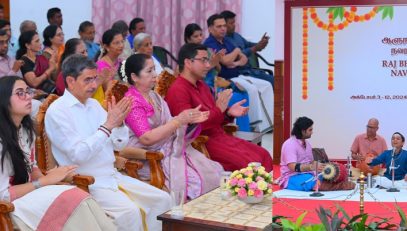 Thiru.R.N.Ravi, Hon'ble Governor of Tamil Nadu and Tmt.Laxmi Ravi, First Lady of Tamil Nadu, witnessed the Devotional Song performance of Master H. Sooryanarayanan and his troupe on the ninth day of Golu, at Raj Bhavan, Chennai - 11.10.2024. Devotional Song performance by Thiru.R.P.Sharavan and his troupe also captivated the audience.