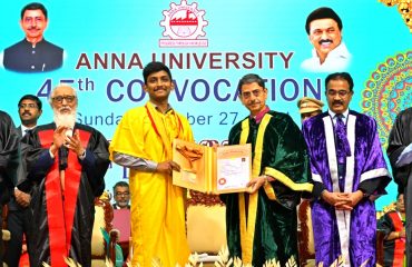 Thiru. R.N.Ravi, Hon’ble Governor of Tamil Nadu and Chancellor, Anna University presented the medals and degrees to 1,15,393 students at 45th Annual Convocation of the Anna University at Vivekananda Auditorium, Anna University, Chennai - 27.10.2024. Prof. Anil D. Sahasrabudhe, Chairman, Executive Committee, National Assessment and Accreditation Council, Government of India participated as chief guest and delivered the convocation address, Dr.K.Gopal, Additional Chief Secretary, Department of Higher Education, Government of Tamil Nadu and other dignitaries were present.