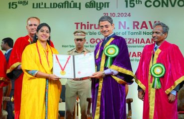 Thiru. R.N.Ravi, Hon’ble Governor of Tamil Nadu and Chancellor of the Tamil Nadu Open University, Chennai presented the medals and degrees to 6,940 students at the 15th convocation of the Tamil Nadu Open University at Convocation Hall, Tamil Nadu Open University, Chennai - 21.10.2024. Prof. Nageshwar Rao, Former Vice-Chancellor, Indira Gandhi National Open University, New Delhi and other dignitaries were present.